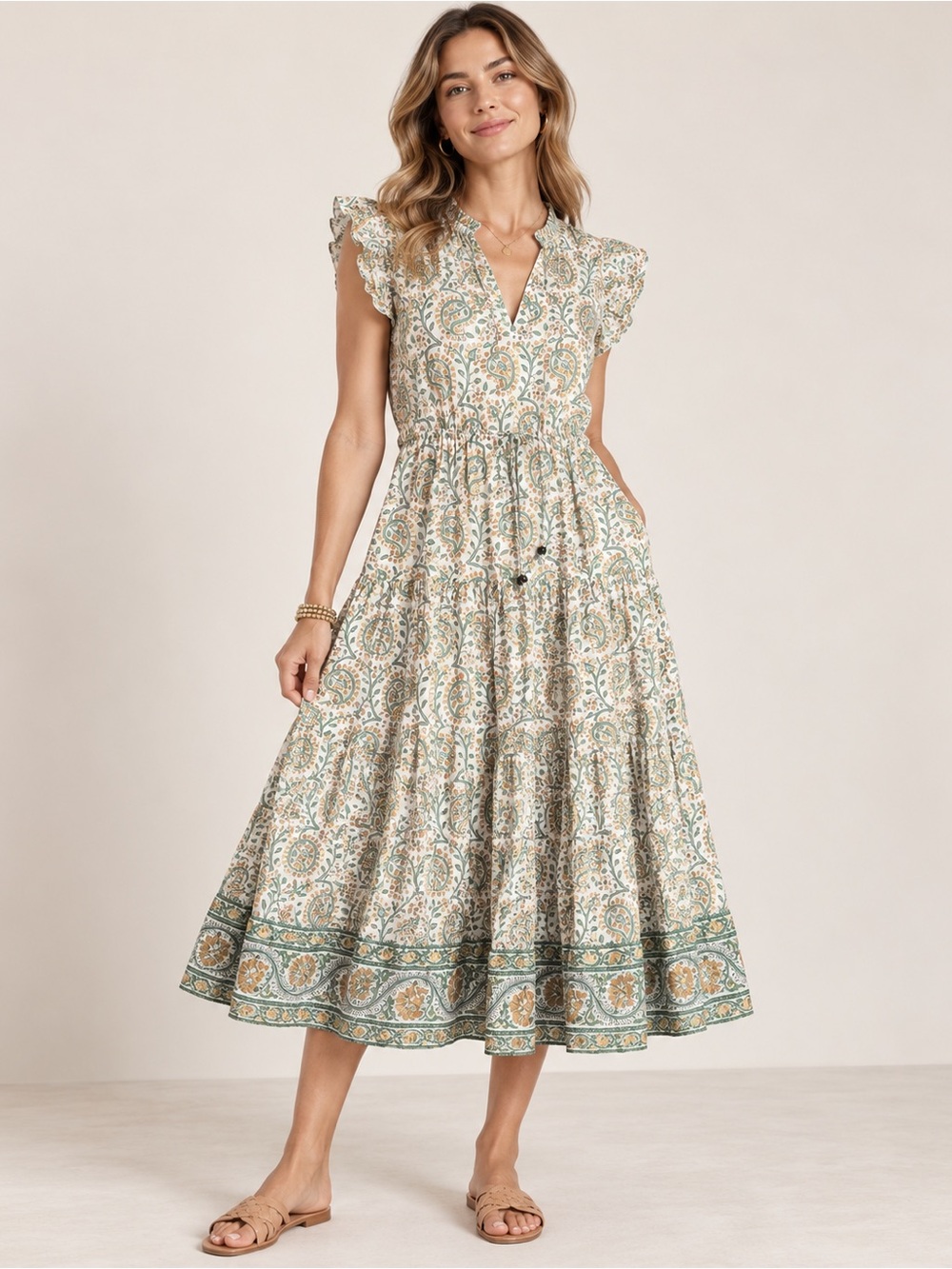Oliphant Ruffle Collar Button Belted Maxi Dress green Gold Print, small